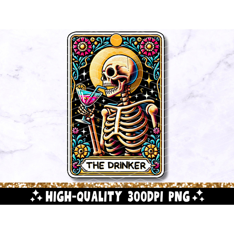 The Drinker Funny Tarot Card PNG, Drinking Skeleton Sublimation Design, Pub Bar Alcohol Cocktail Skull Tarot TShirt Mug PNG Digital Download.jpg