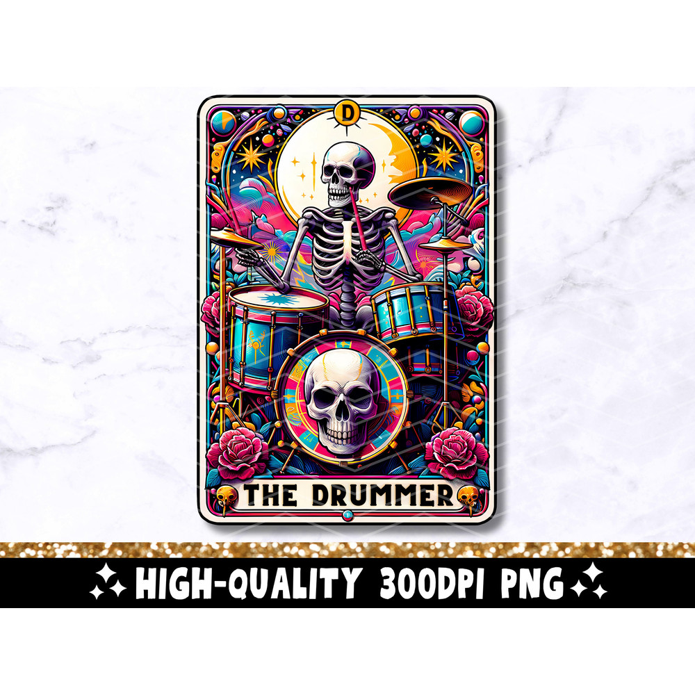 The Drummer Tarot Card PNG, Cool Skeleton Sublimation Design, Trendy Skull Drummer Witchy Gothic Tarot T-Shirt Mug PNG, Digital Download.jpg