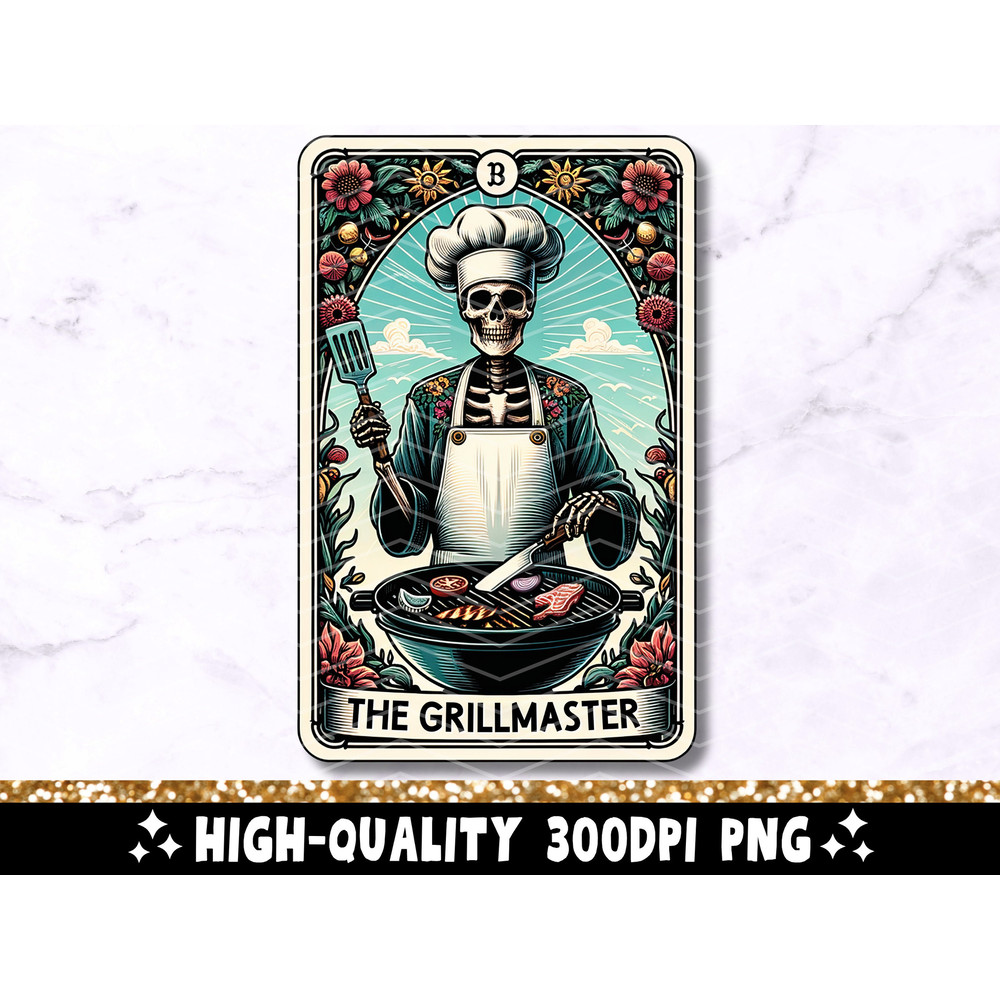 The Grill Master Tarot Card PNG, Skeleton Sublimation Design, Skull Dad Cooking Gothic Father Chef Tarot T-Shirt Mug PNG, Digital Download.jpg