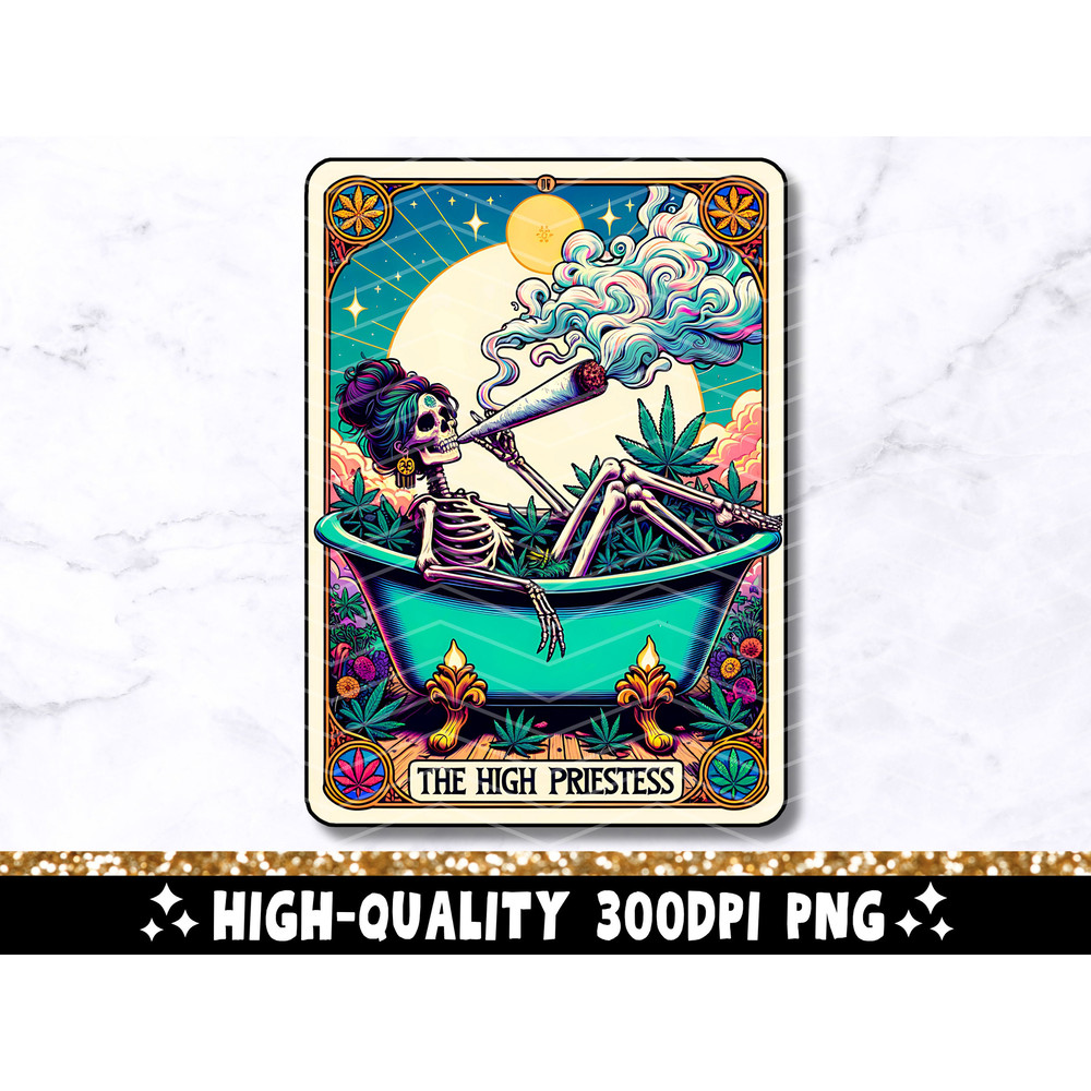 The High Priestess Tarot Card PNG, Funny 420 Cannabis Sublimation Design, Witchy Skeleton Weed Pot Smoker T-Shirt Mug PNG File, Download.jpg