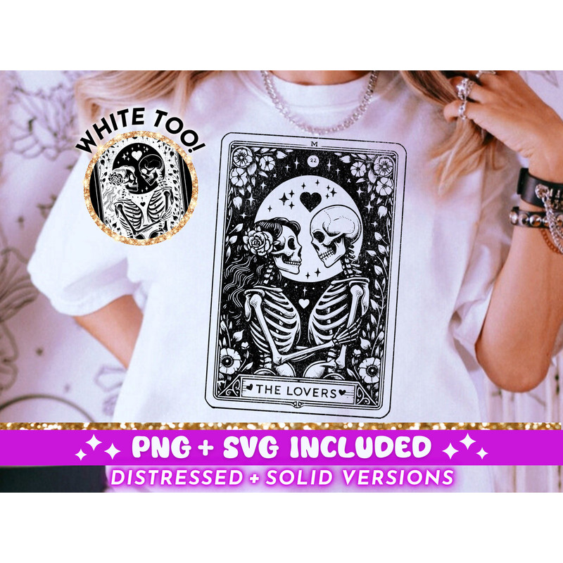 The Lovers Tarot Card SVG PNG, Skeleton Love Sublimation Design, Celestial Witchy Lovers Skulls Tarot T-Shirt SVG png Cut File Download.jpg