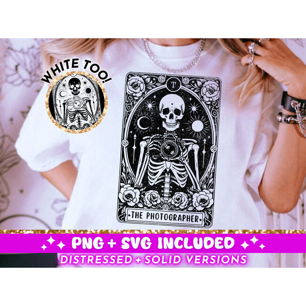 The Photographer Tarot Card SVG PNG, Skeleton Sublimation Design, Photographer Skull Tarot T-Shirt Design png SVG Cut File, Digital Download.jpg