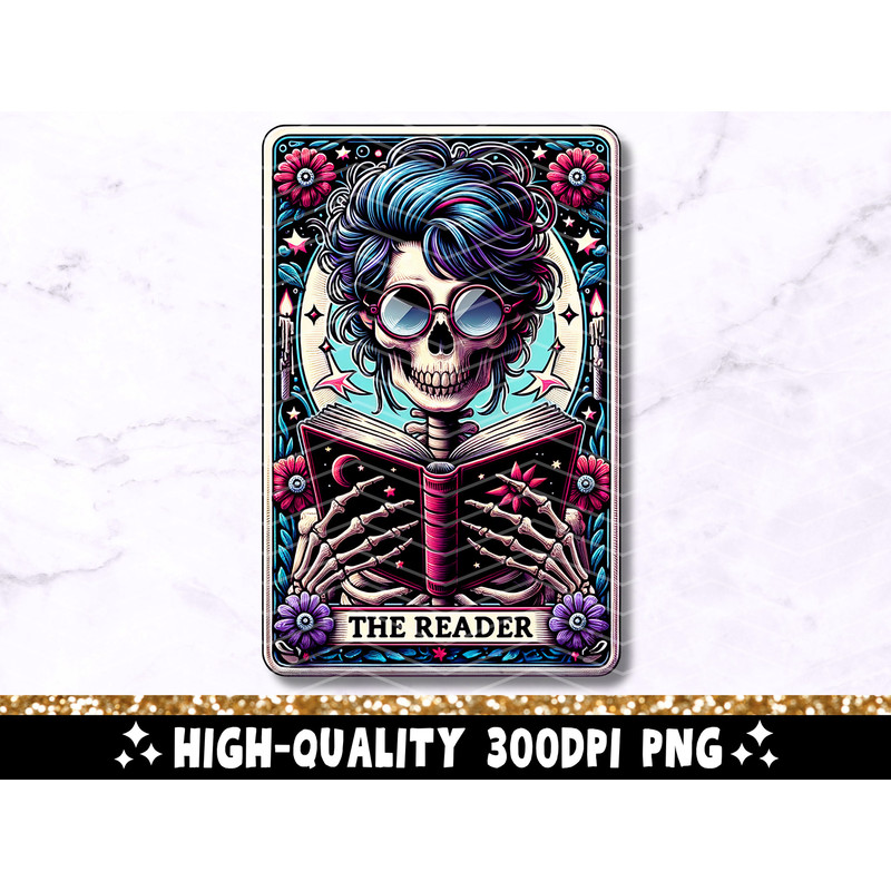The Reader Tarot Card PNG, Reading Skeleton Sublimation Design, Book Lover Booktrovert Skull Tarot T-shirt Mug PNG File, Digital Download.jpg