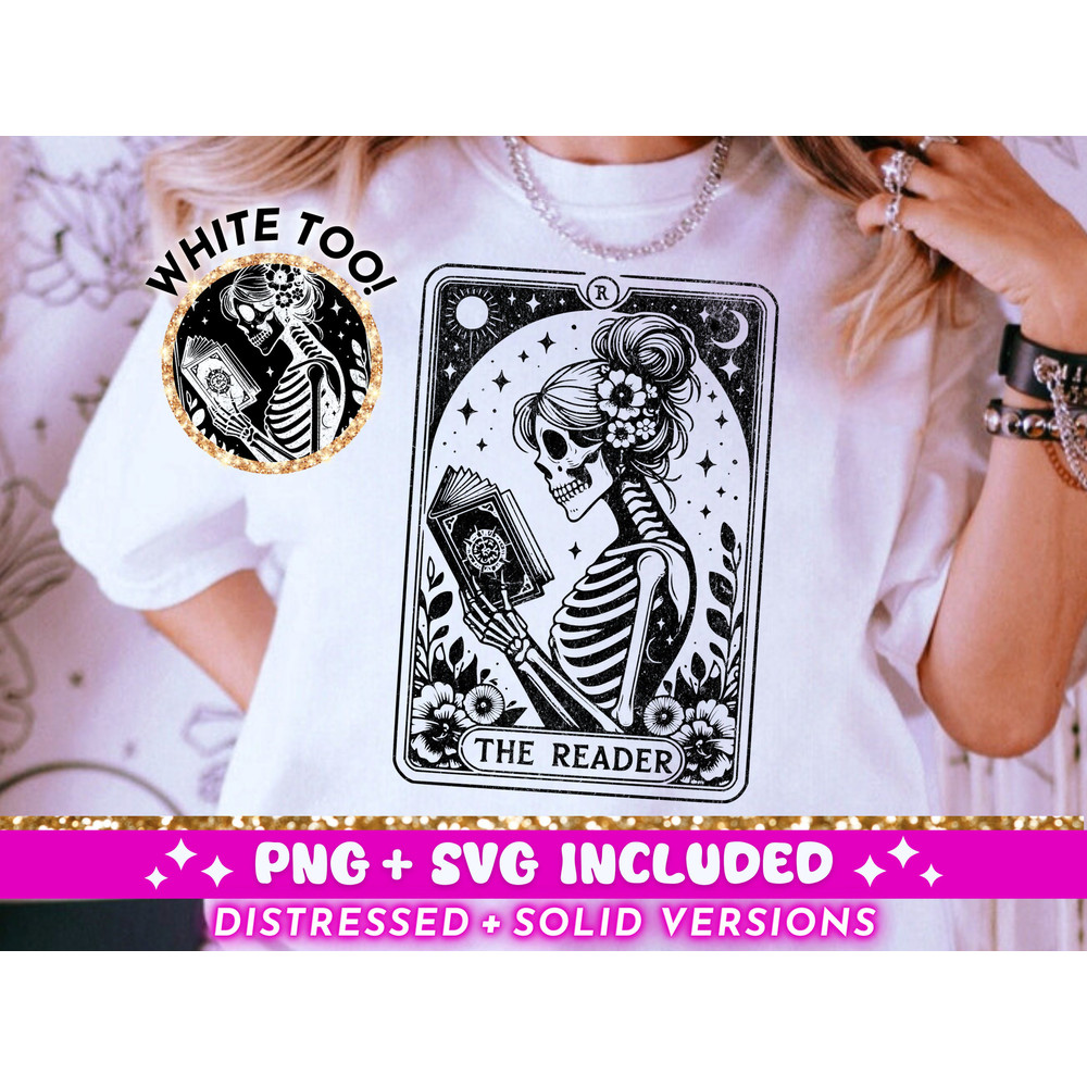 The Reader Tarot Card SVG PNG, Skeleton Reading Sublimation Design, Booktrovert Witchy Book Lover Librarian png SVG Cut File, Download.jpg