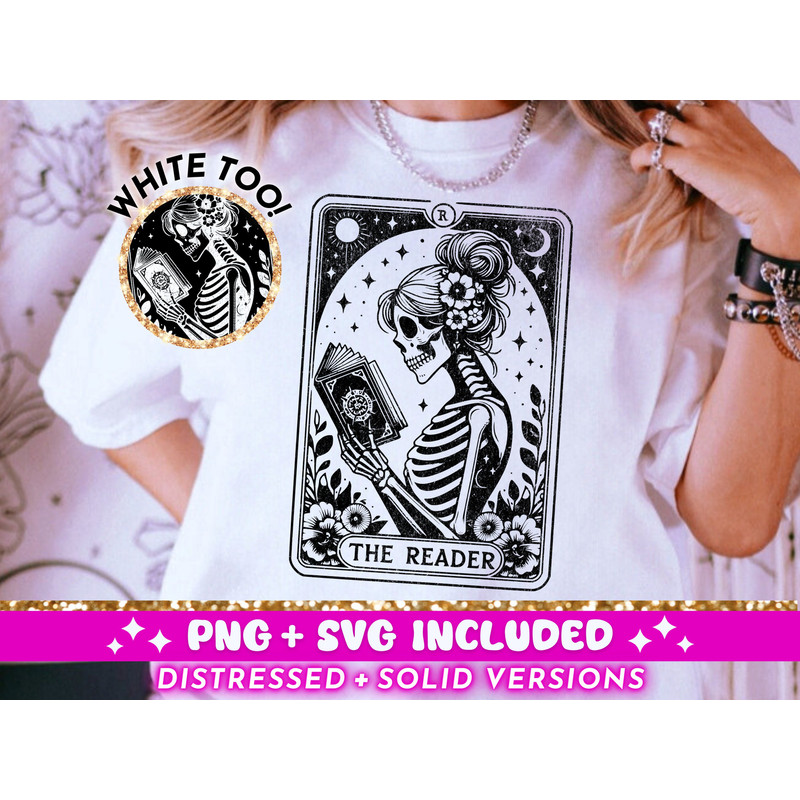 The Reader Tarot Card SVG PNG, Skeleton Reading Sublimation Design, Booktrovert Witchy Book Lover Librarian png SVG Cut File, Download.jpg