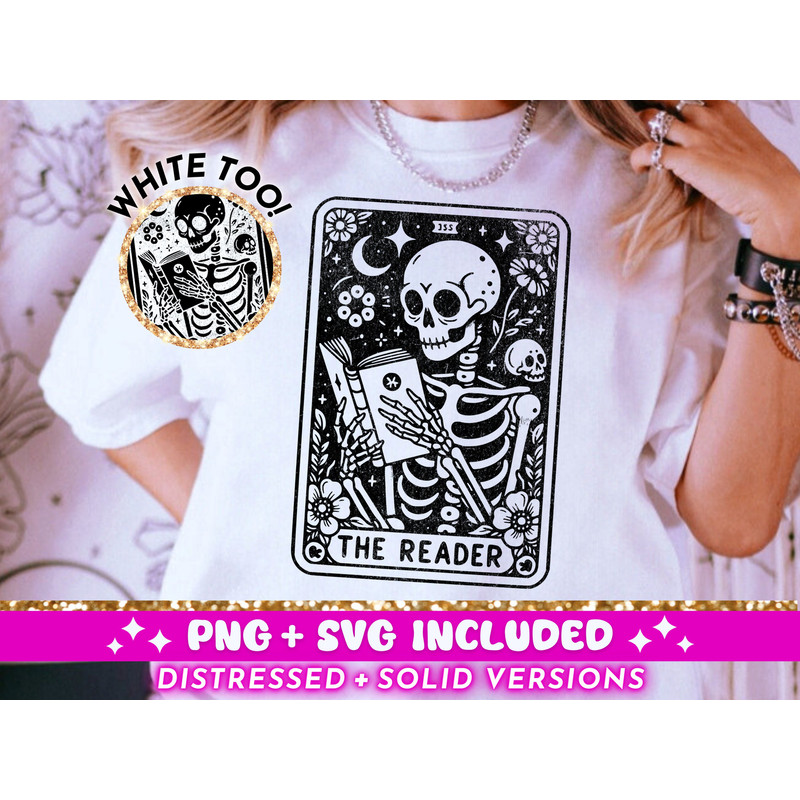 The Reader Tarot Card SVG PNG, Skeleton Reading Sublimation Design, Booktrovert Witchy Book Lover Skull Librarian png SVG Cut File, Download.jpg