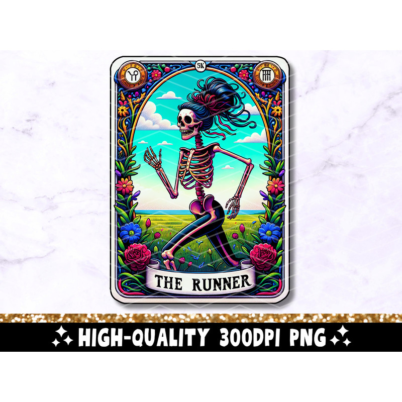 The Runner Tarot Card PNG, Running Skeleton Sublimation Design, Funny Marathon Runner Skull Tarot T-shirt Mug PNG File, Digital Download.jpg
