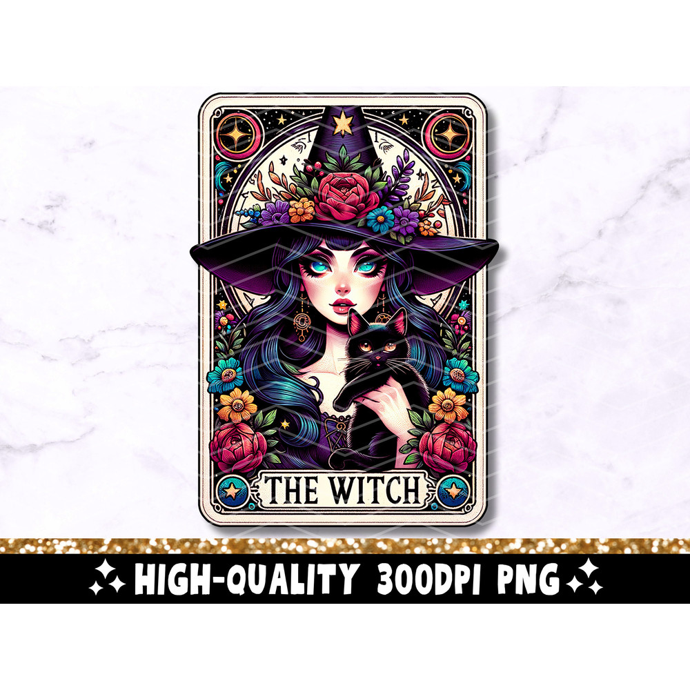 The Witch Tarot Card PNG, Gothic Sublimation Design, Pretty Witchy Vibes Wicca Pagan Black Cat Cool Tarot T-shirt Mug PNG, Digital Download.jpg