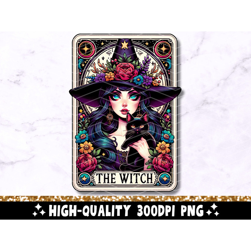 The Witch Tarot Card PNG, Gothic Sublimation Design, Pretty Witchy Vibes Wicca Pagan Black Cat Cool Tarot T-shirt Mug PNG, Digital Download.jpg