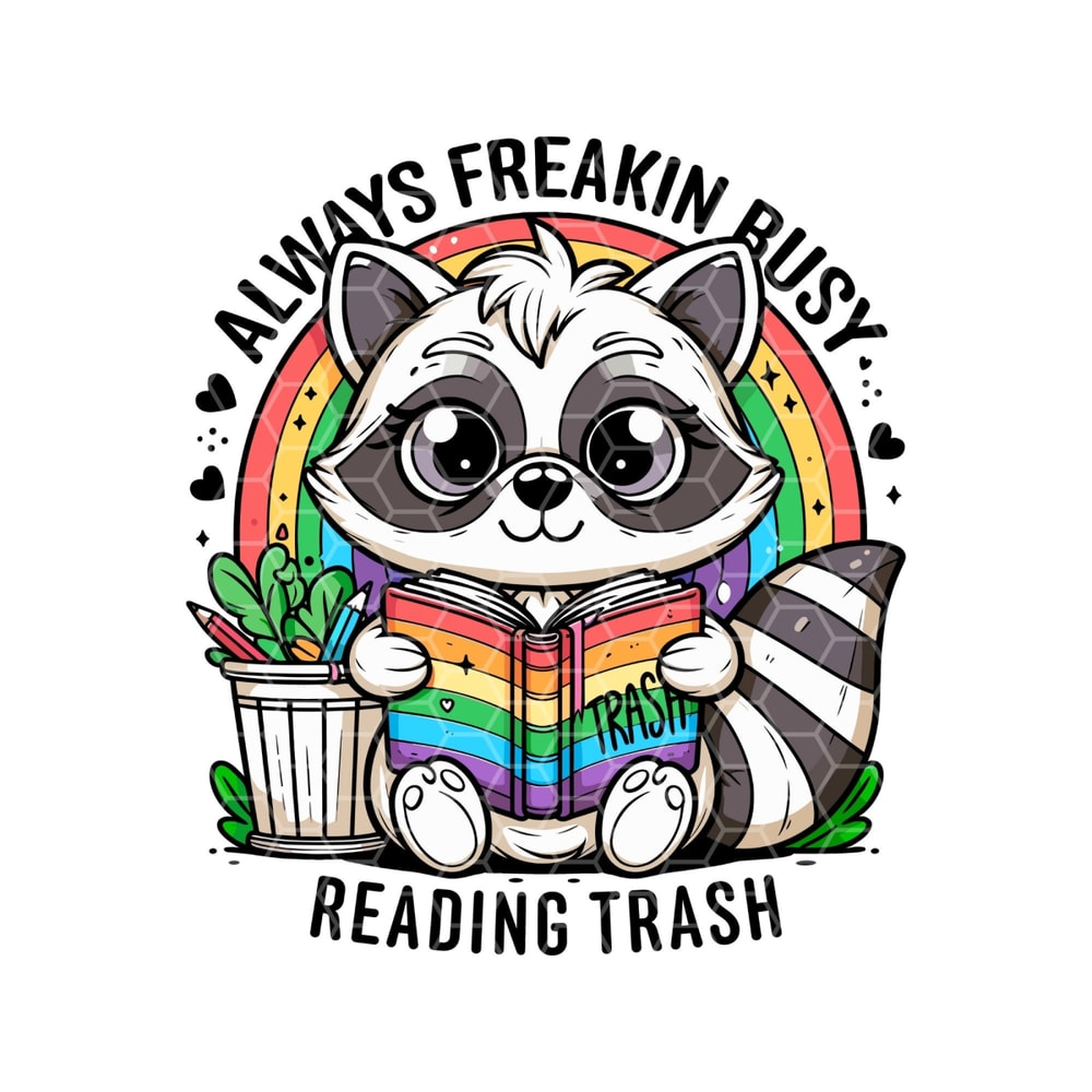 Always Freakin Busy Reading Trash PNG Trendy Cute PNG Reading Smut PNG Book Sticker Tshirt Design Raccoon Dumpster Fire Trashy Books Kindle.jpg