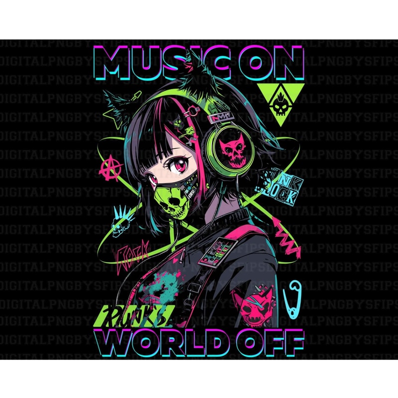 Anime Girl PNG, Anime Girl tshirt design, Music On World Off, Digital File PNG, PNG High Quality 300DPI.jpg