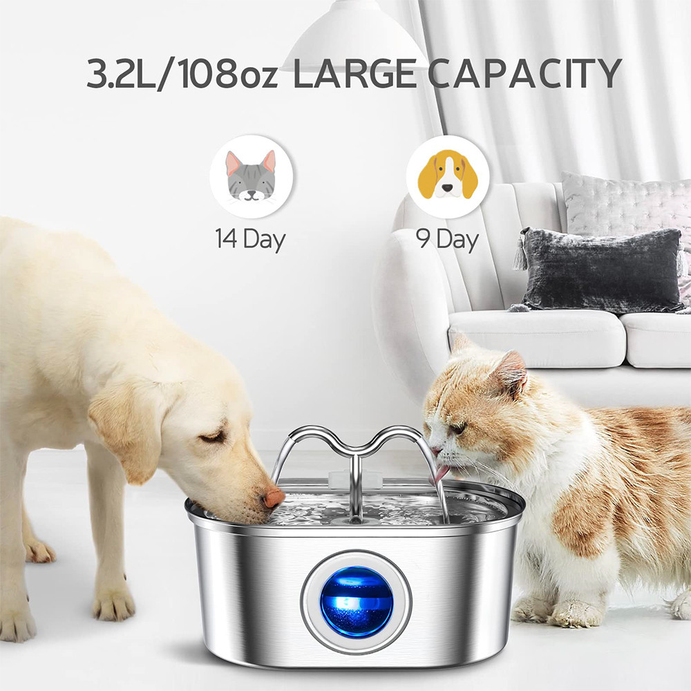 Cat Water Stainless Steel Fountain With LED Light Silent Pump Automatic Pet Drinking Dispenser For 4