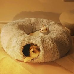 plush cat bed with tunnel for indoor cats, multifunctional cat tunnel bed with peephole