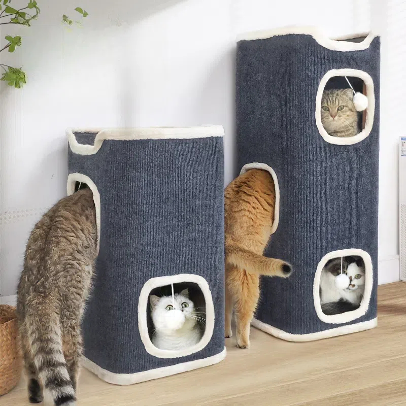 3-Tiers Cat Bed Pet House, Large Covered Cave Hideaway with Soft Mat and Fluffy Ball Hanging for Comfort