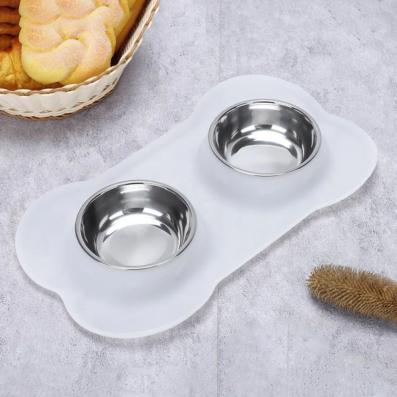 NonSlip Silicone Mat Double Dog Bowl Durable Stainless Steel Feeding Drinking Bowls For Pets 4