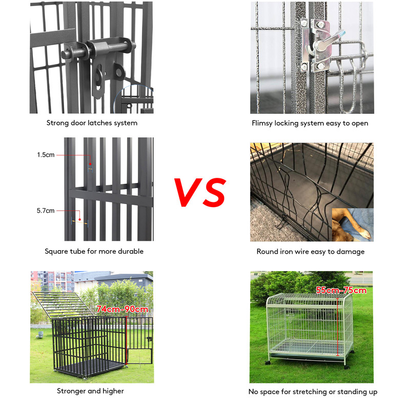 Heavy Duty Dog Crate with 4 Lockable Wheels & Removable Tray – 3 Doors Metal Pet Kennels Cage Playpen for Powerful Dogs