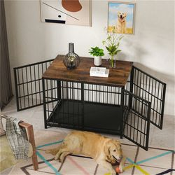 large wooden dog crate indoor furniture, elevated pet dog cage kennel end table with 3 doors & removable tray
