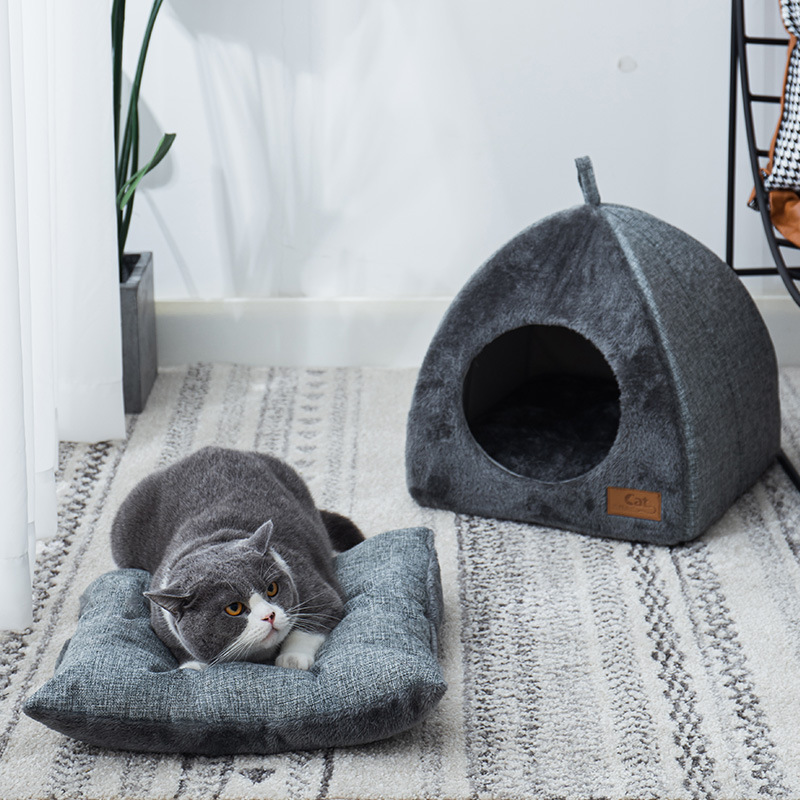 New Triangular Enclosed Cat House Warm Plush Pet Bed For Deep Sleep Cozy Shelter For Cats And Small 1