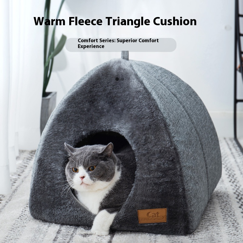 New Triangular Enclosed Cat House Warm Plush Pet Bed For Deep Sleep Cozy Shelter For Cats And Small 3