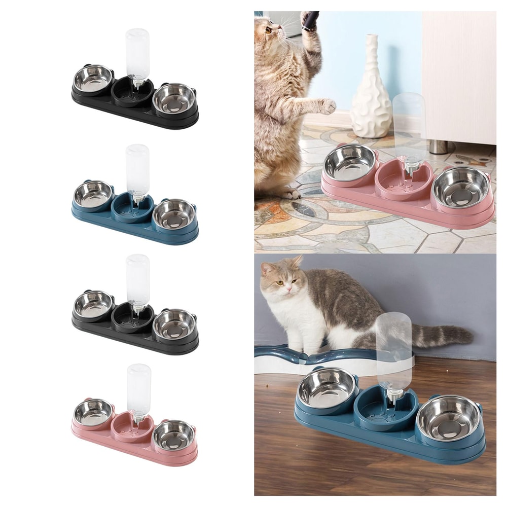 3in1 Triple Cat Bowl Pet Food And Water Bowl Tilted At 15 For Wet And Dry Food 2