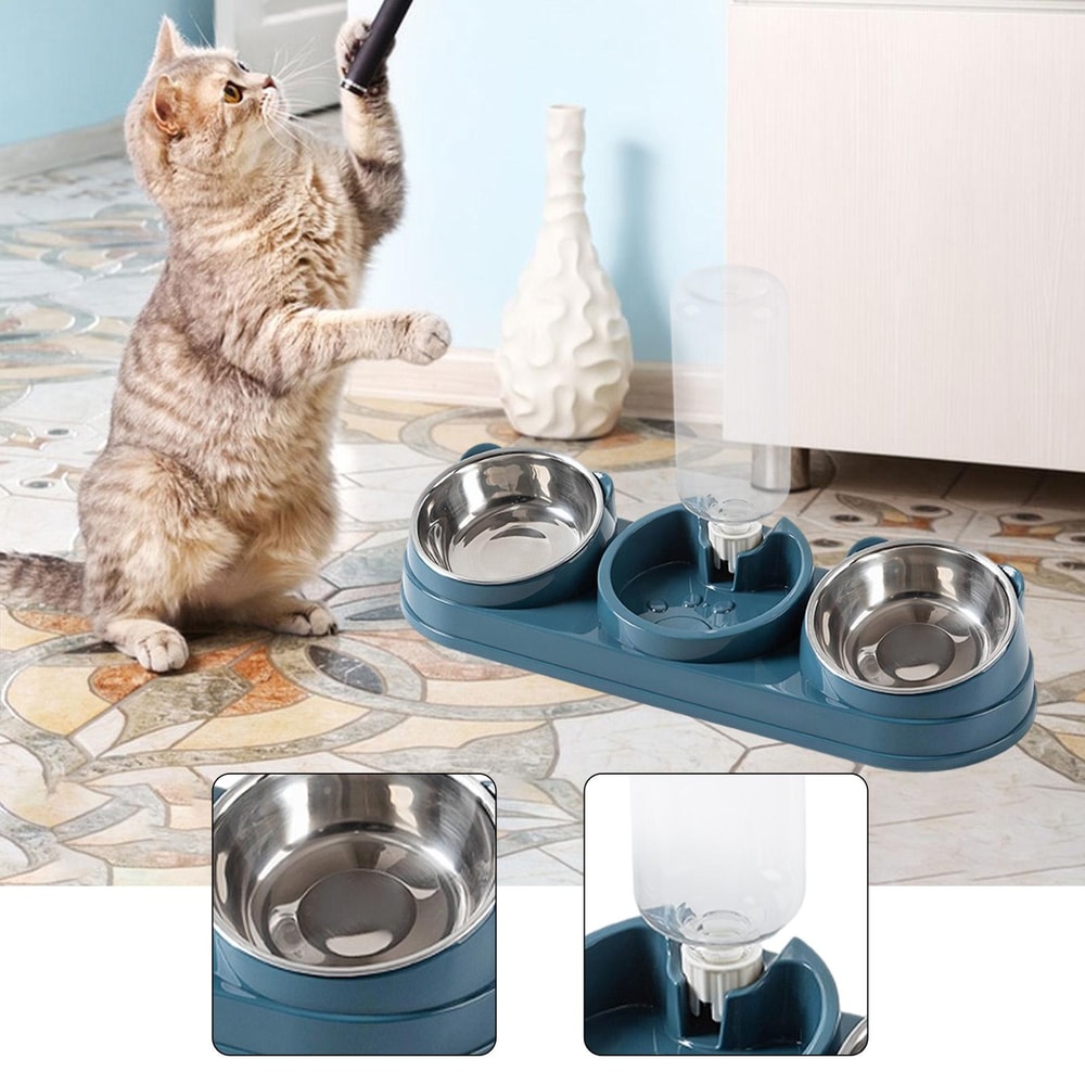 3in1 Triple Cat Bowl Pet Food And Water Bowl Tilted At 15 For Wet And Dry Food 5