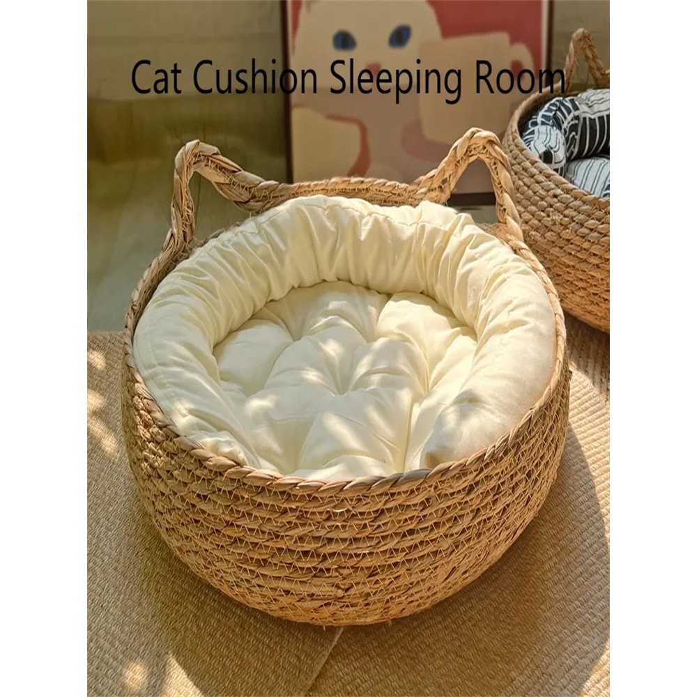 HandWoven Rattan Cat Nest Removable Warm Pad For All Seasons Washable Winter Pet Supplies 1