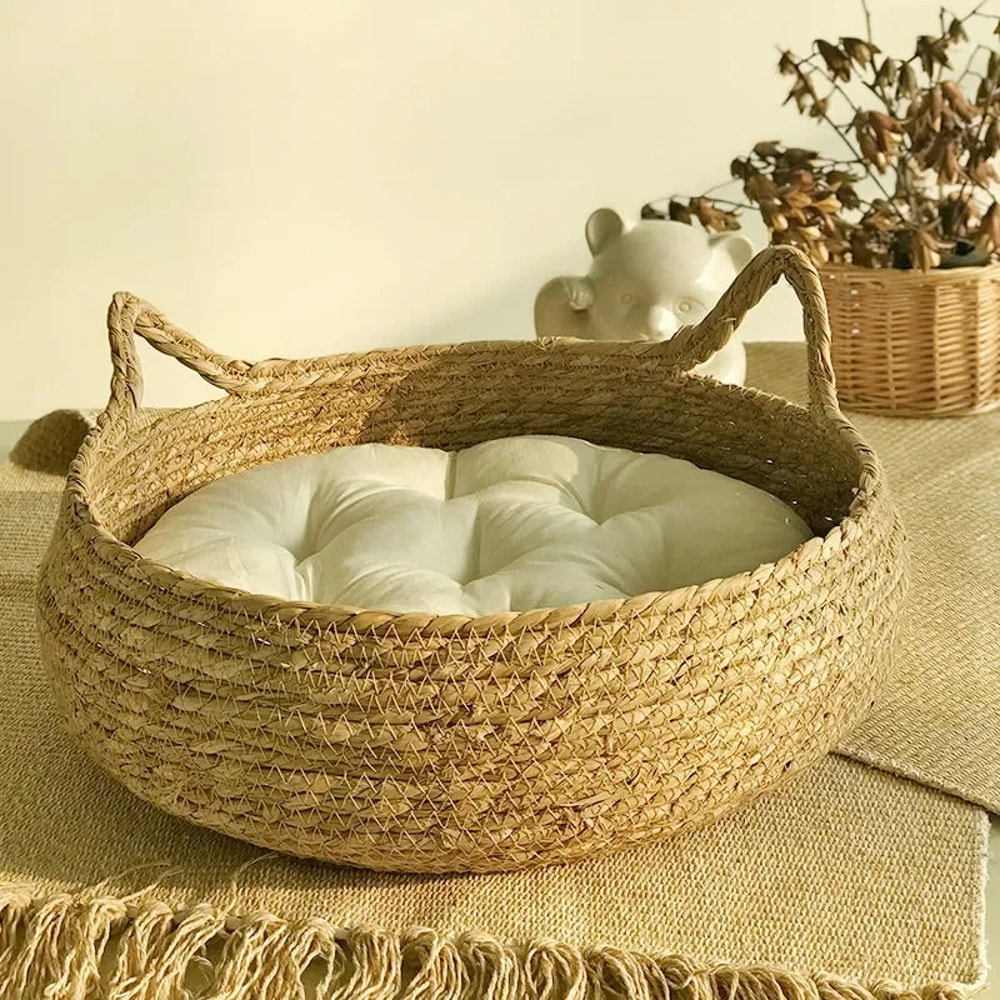 HandWoven Rattan Cat Nest Removable Warm Pad For All Seasons Washable Winter Pet Supplies 5