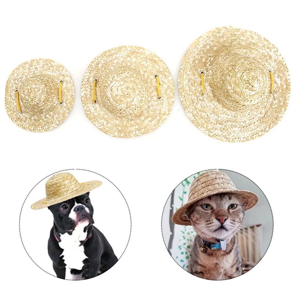 Cute Fashion Pet Woven Straw Hat, Sombrero for Small Dogs and Cats, Sun Hat Beach Party Costume Accessory
