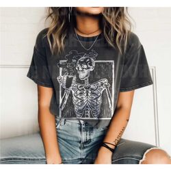 skeleton drinking coffee tee, death before decaf t-shirt,