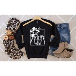halloween skeleton sweatshirt,halloween coffee skull shirt,pumpkin spice shirt,halloween