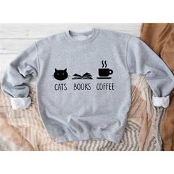 cat books coffee sweatshirt, cat mom sweatshirt, black