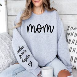custom mom sweatshirt , mom with kids name sweatshirt ,printing on sleeve mom sweatshirt ,gift for mom , mother's day gi