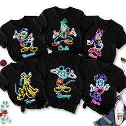 custom disney neon light shirts, custom disney family 2024 shirts, mickey neon light shirts, mickey and friends shirt, d