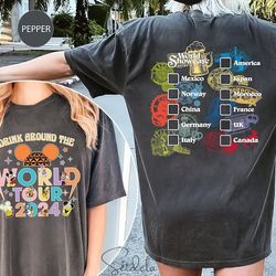 drink around the world tour t-shirt, epcot world showcase two sided tee, mickey and friends tee
