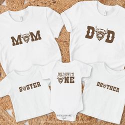 cow theme first birthday shirts, holy cow family matching 1st birthday tee, western highland cow birthday outfit
