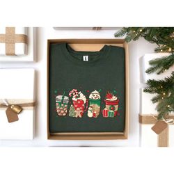 christmas coffee sweatshirt, snowmen red peppermint iced latte