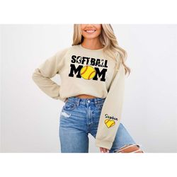 custom softball mom sweatshirt with name on sleeve,