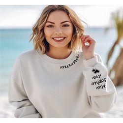 custom mama sweatshirt with kid name on sleeve,