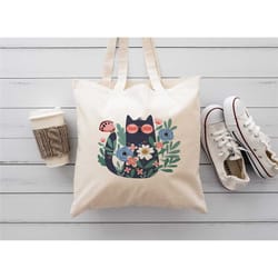 cat tote bag, flower pawer cat tote bag,