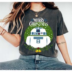 star wars r2-d2 merry christmas wreath bells t-shirt, cute santa r2-d2 star wars christmas family tee, christmas matchin