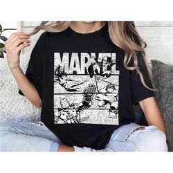 marvel avengers retro black and white comic graphic t-shirt, marvel logo shirt, disneyland family party gift, disneyland