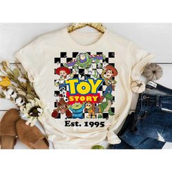 disney toy story est 1995 checkerboard poster t-shirt, toy story group shot shirt, disneyland family party gift 2024, wd