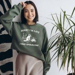 sorry i'm late i was spiralling, funny sweatshirt, funny crewneck, raccoon sweatshirt, vintage cartoon sweater, unisex