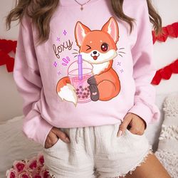 boba tea fox sweatshirt | bubble sweater | cute kawaii sweater | anime sweater | kawaii fox lover gift | oversized s