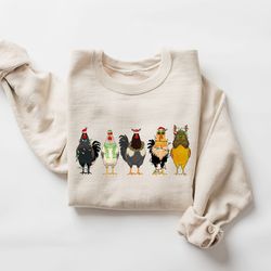 chicken christmas lights sweatshirt, christmas farm animals sweatshirt, womens christmas chicken hoodie, cute chicken sw