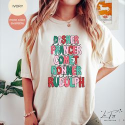 christmas reindeer shirt, christmas shirts, dasher prancer vixen comet cupid donner blitzen rudolph, reindeer shirt