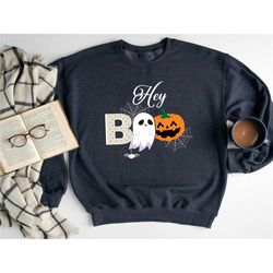 hey boo sweatshirt, womens halloween sweatshirt, fall crewneck sweatshirts, halloween hoodie, halloween gifts, cute hall