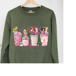 disney princess christmas coffee sweatshirt,pink christmas shirts,women disney christmas shirts, christmas princesses sh