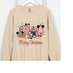 disney mickey mouse and friends christmas pink tree sweatshirt, pink christmas shirt, christmas friends tee, pink christ