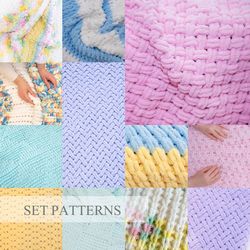 SET 12 Beginners Loop Yarn Blanket Pattern, Alize Puffy Blanket Pattern PDF, Finger Knitting, Bernat Alize Yarn Pattern